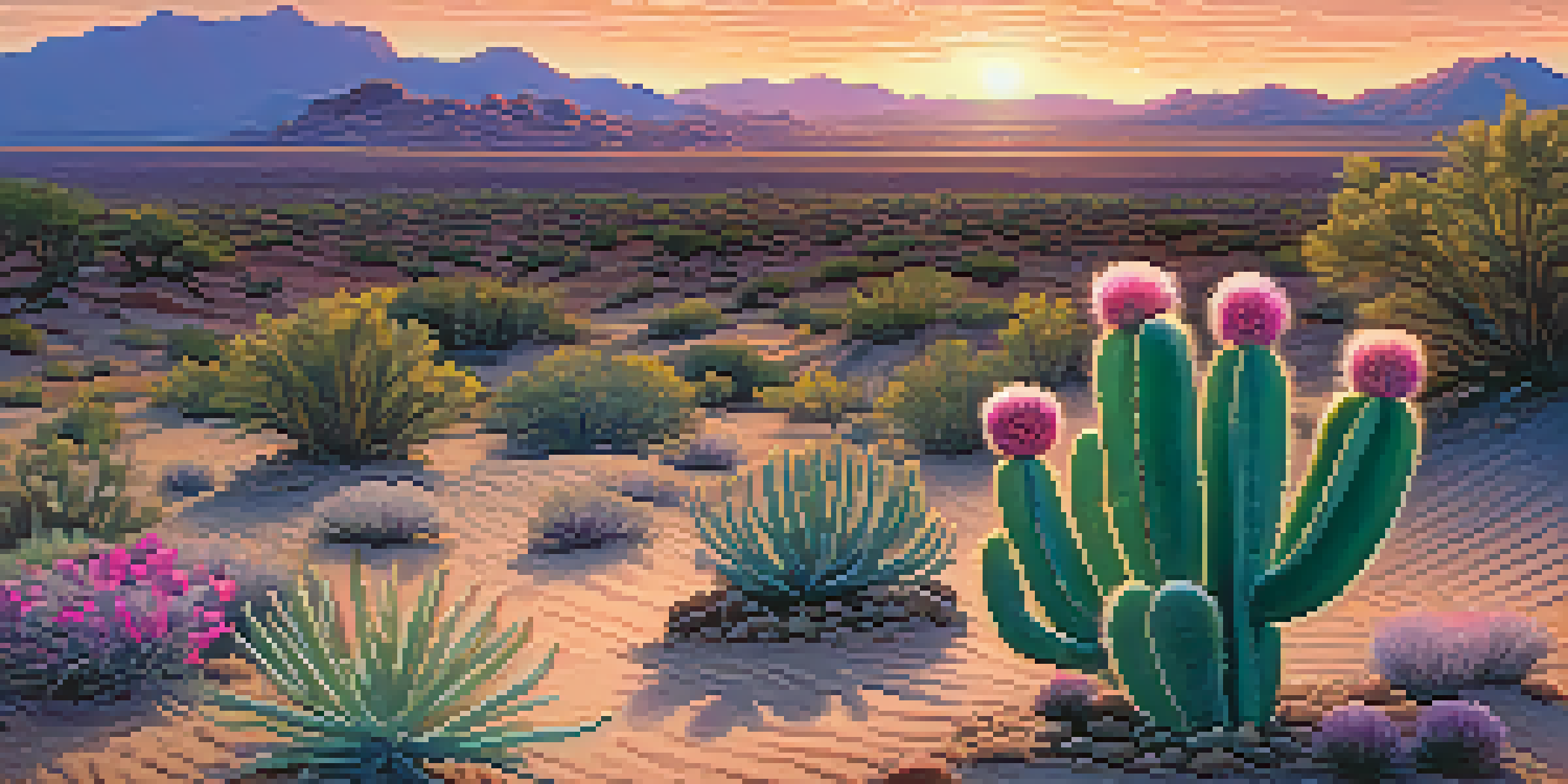 A peaceful desert scene featuring a small peyote cactus against a vibrant sunset sky, with mountains in the background.