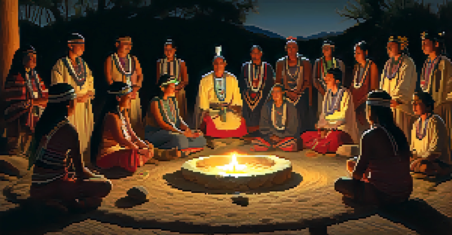 A traditional peyote ceremony with Indigenous participants gathered around a softly lit altar.