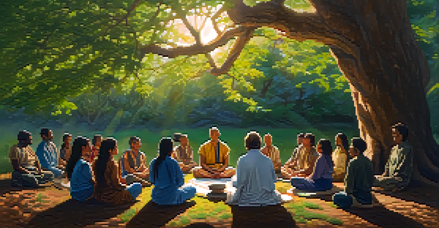 A group of people meditating in a circle under a large tree during a peyote ceremony, with sunlight filtering through the leaves.