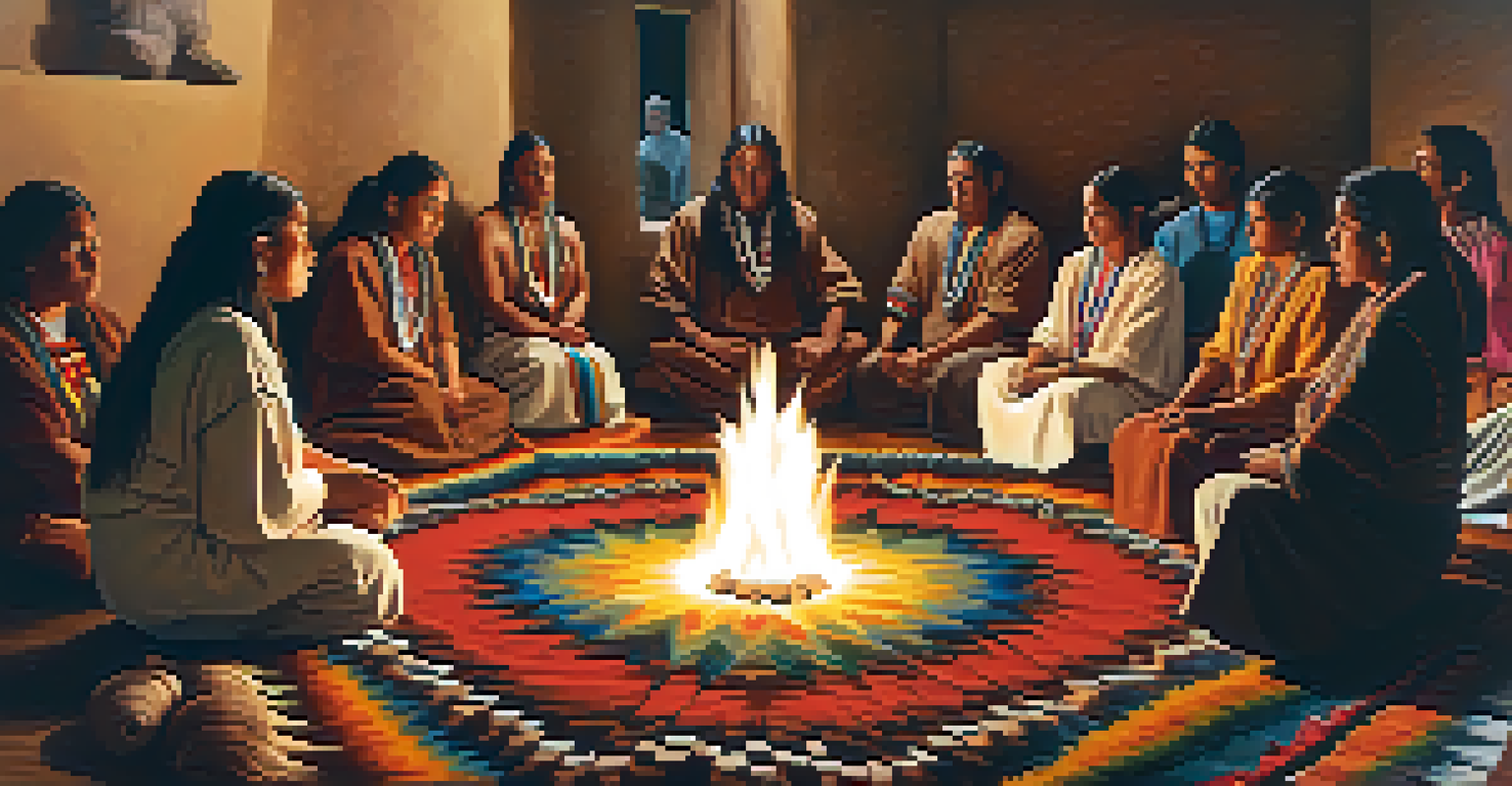 A traditional peyote ceremony with participants seated in a circle, surrounded by colorful textiles and warm firelight.