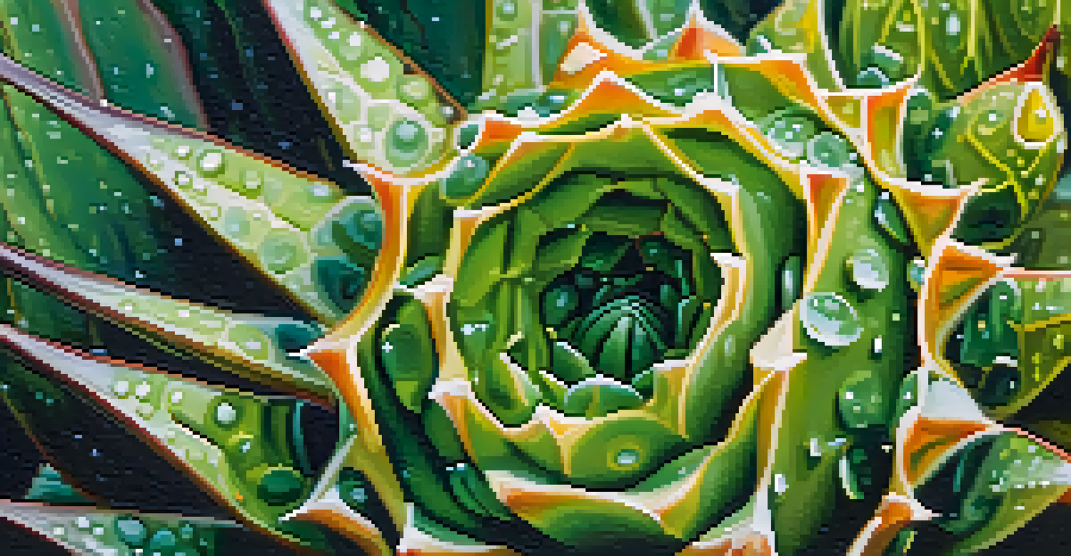 A detailed view of a peyote cactus with glistening dew drops and a blurred natural background.