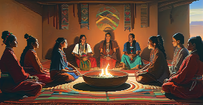 A peaceful peyote ceremony with participants in traditional attire seated in a circle, illuminated by candlelight, with a large peyote cactus at the center.