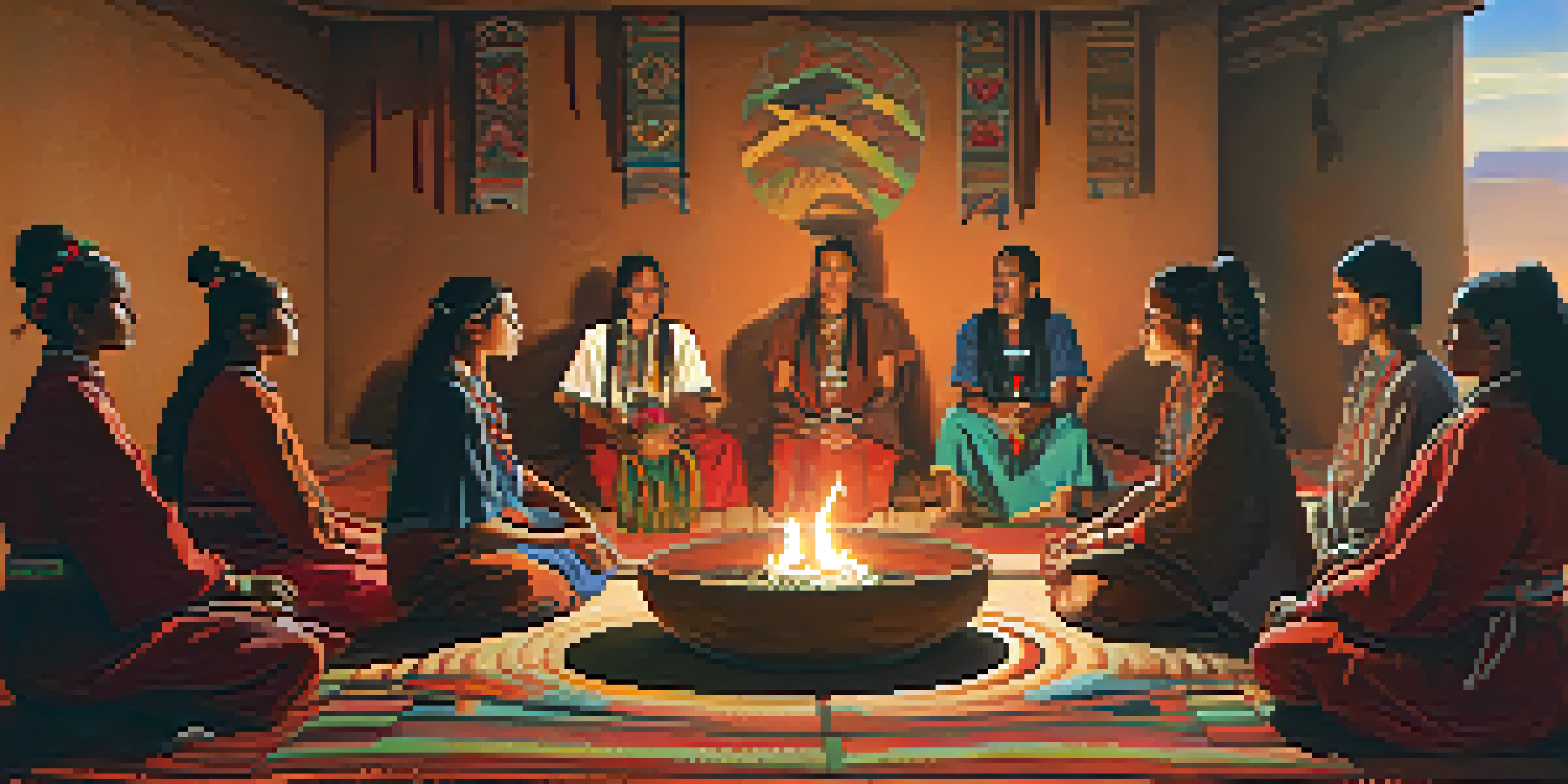 A peaceful peyote ceremony with participants in traditional attire seated in a circle, illuminated by candlelight, with a large peyote cactus at the center.