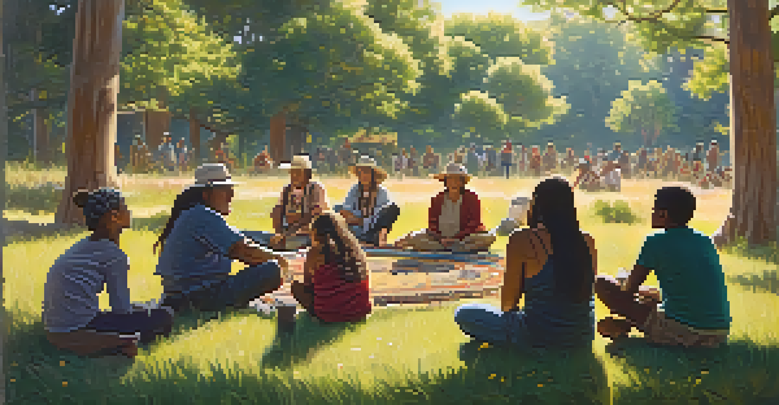 A community gathering discussing Peyote conservation in a serene outdoor setting.