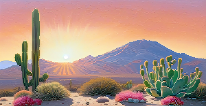 A tranquil desert scene at sunrise with a small peyote cactus surrounded by blooming flowers, soft orange and pink skies, and distant mountains.