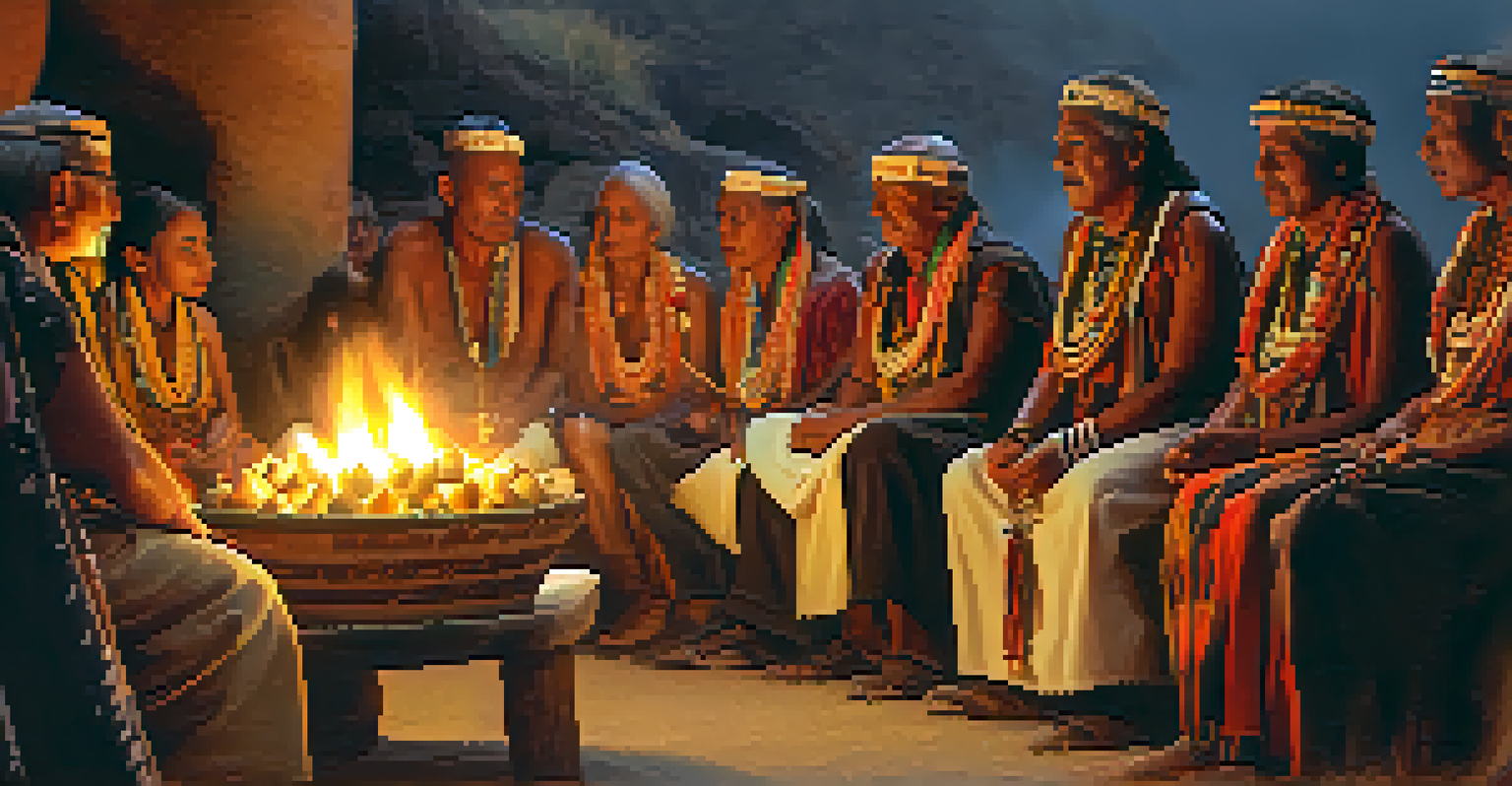 An elder sharing a story during a Peyote ritual, with an audience engaged and a warm fire in the background.