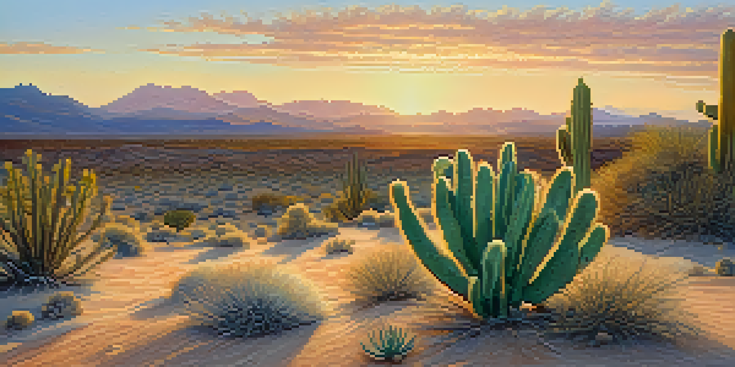 A small Peyote cactus in a tranquil desert landscape at sunrise, with golden sands and distant mountains.