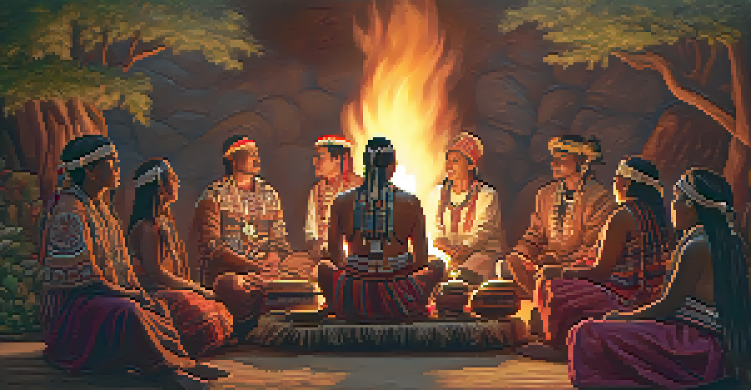 Indigenous people participating in a ceremony, singing and storytelling in a natural setting.