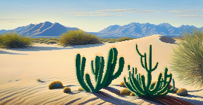 A peaceful desert scene with a peyote cactus in the foreground against a bright blue sky.