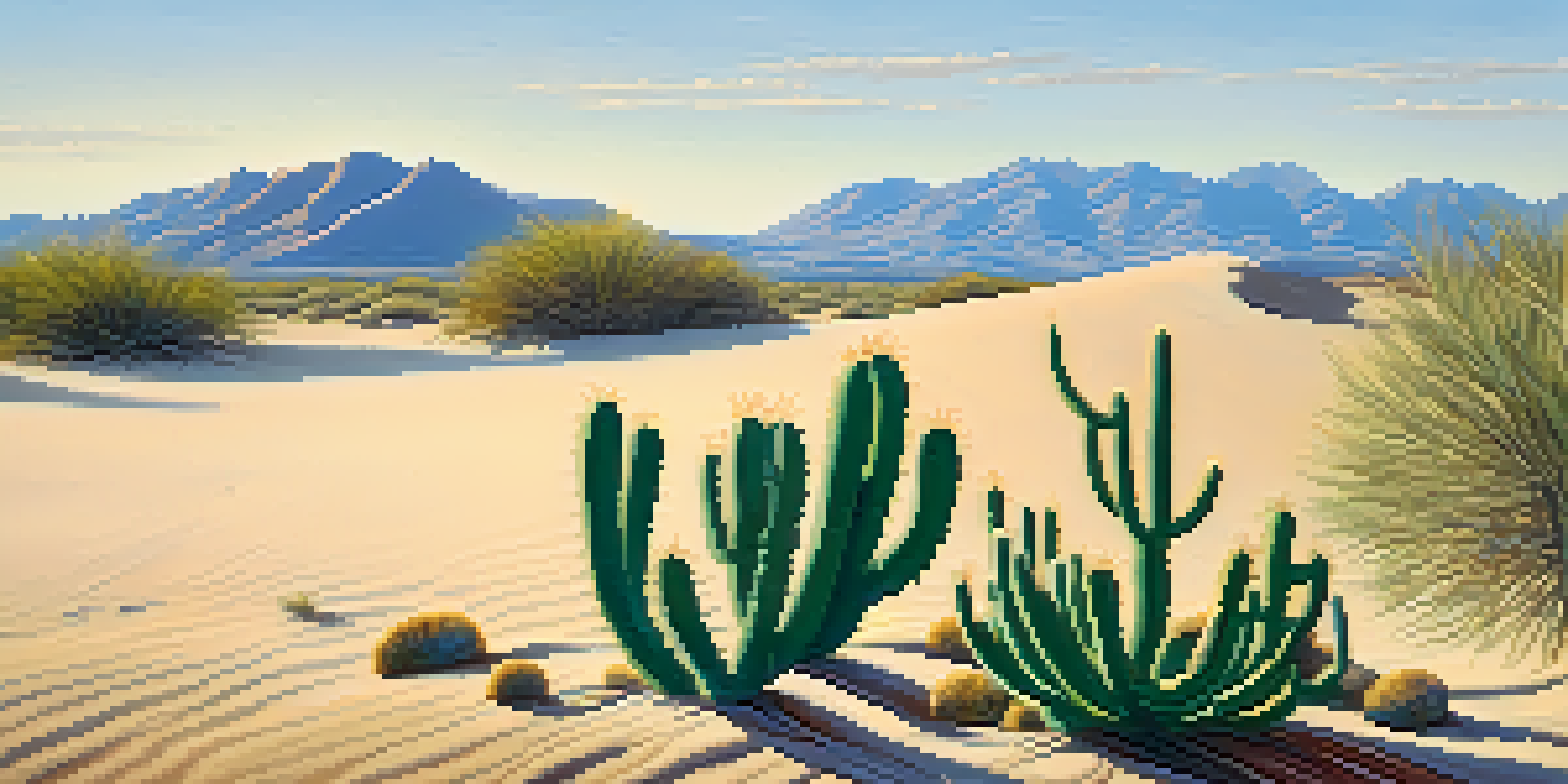 A peaceful desert scene with a peyote cactus in the foreground against a bright blue sky.