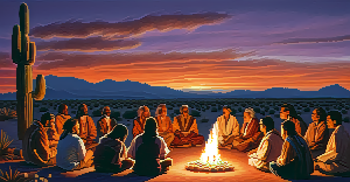 An elder sharing stories around a campfire during a peyote ceremony at sunset, with participants listening attentively in a desert landscape.