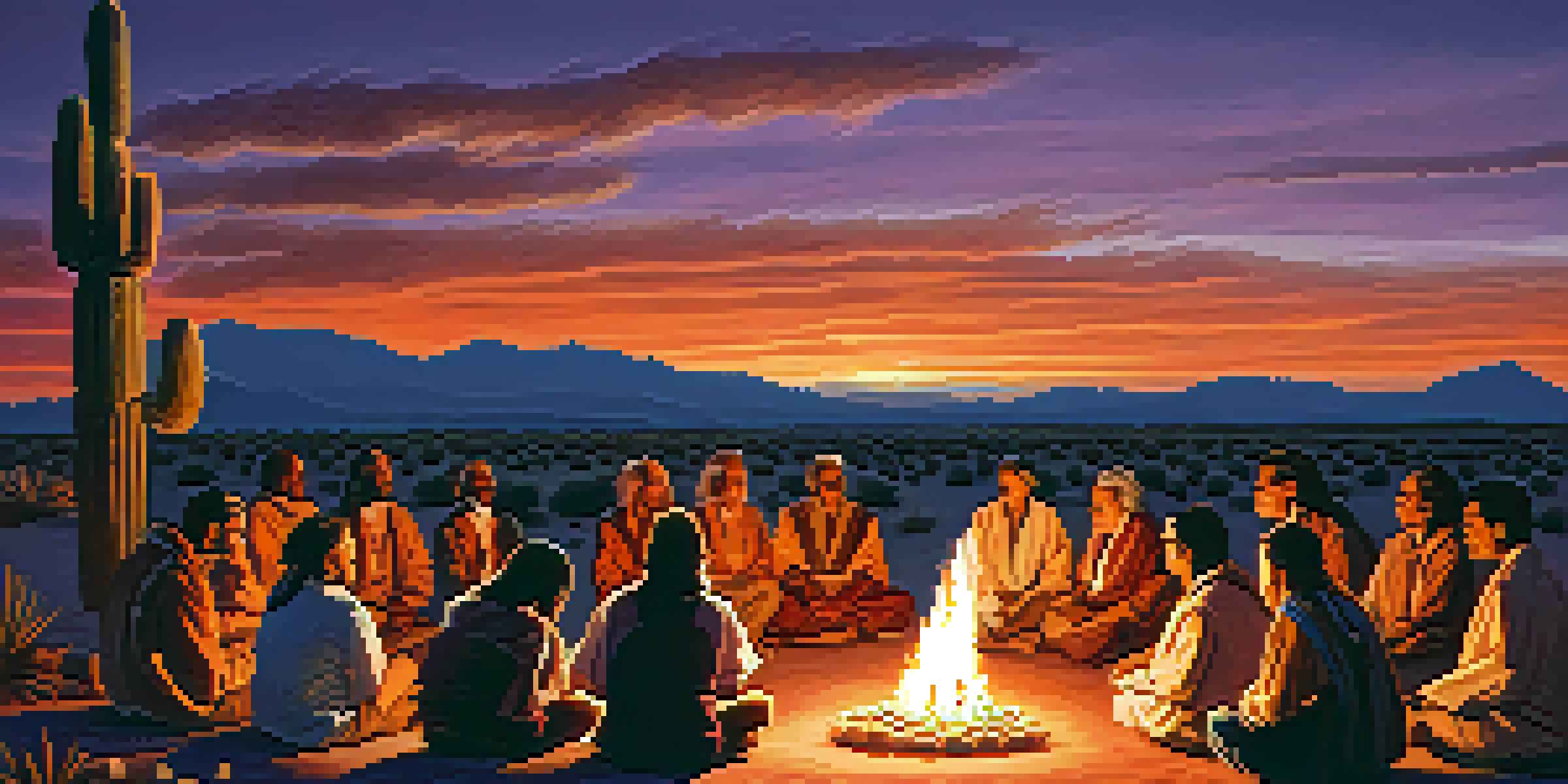 An elder sharing stories around a campfire during a peyote ceremony at sunset, with participants listening attentively in a desert landscape.