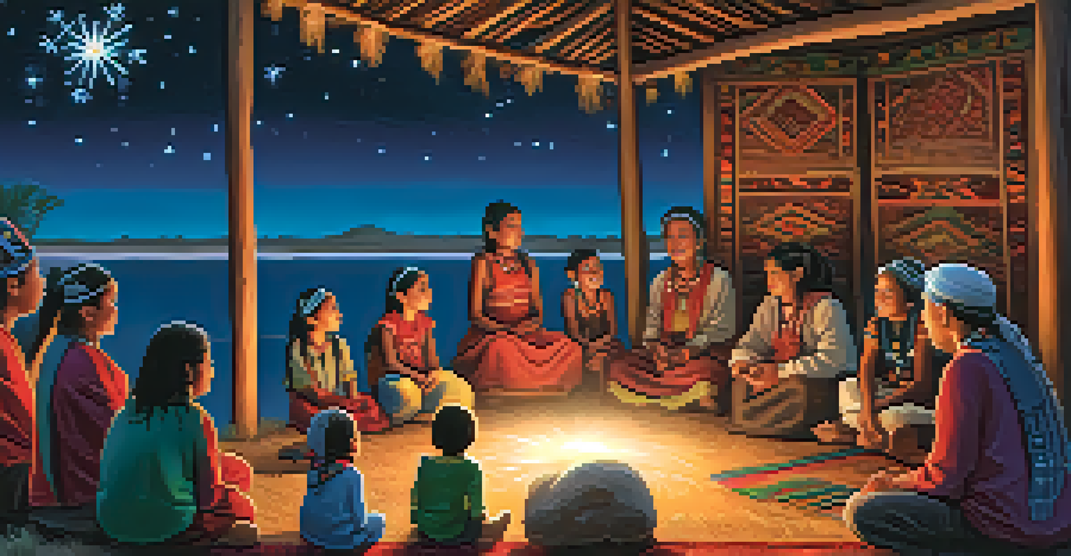 An elder narrating stories to children under a starlit sky, surrounded by traditional patterns and cultural elements.