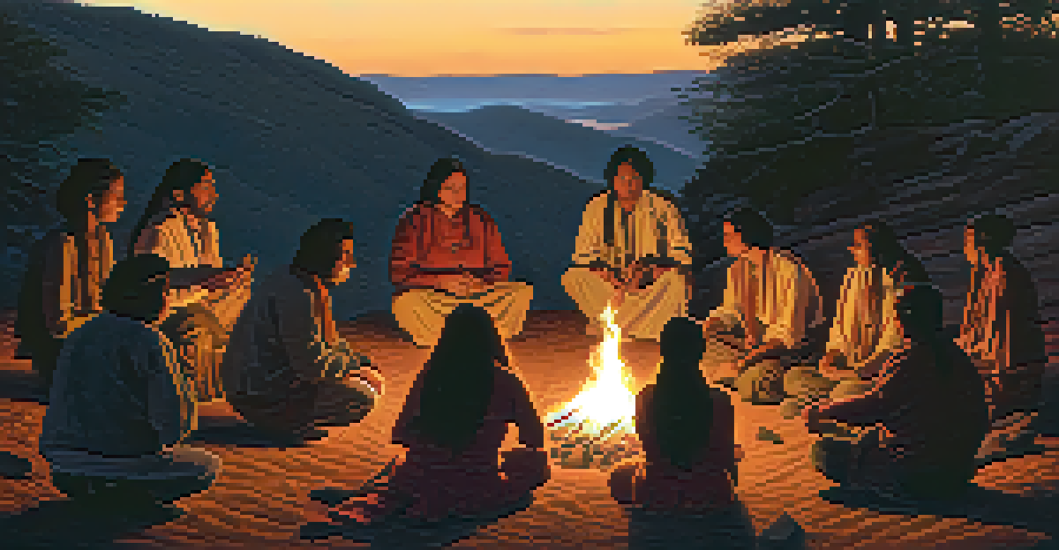 A group of Indigenous individuals gathered around a small fire in a ceremonial setting at dusk, engaged in ritual activities.