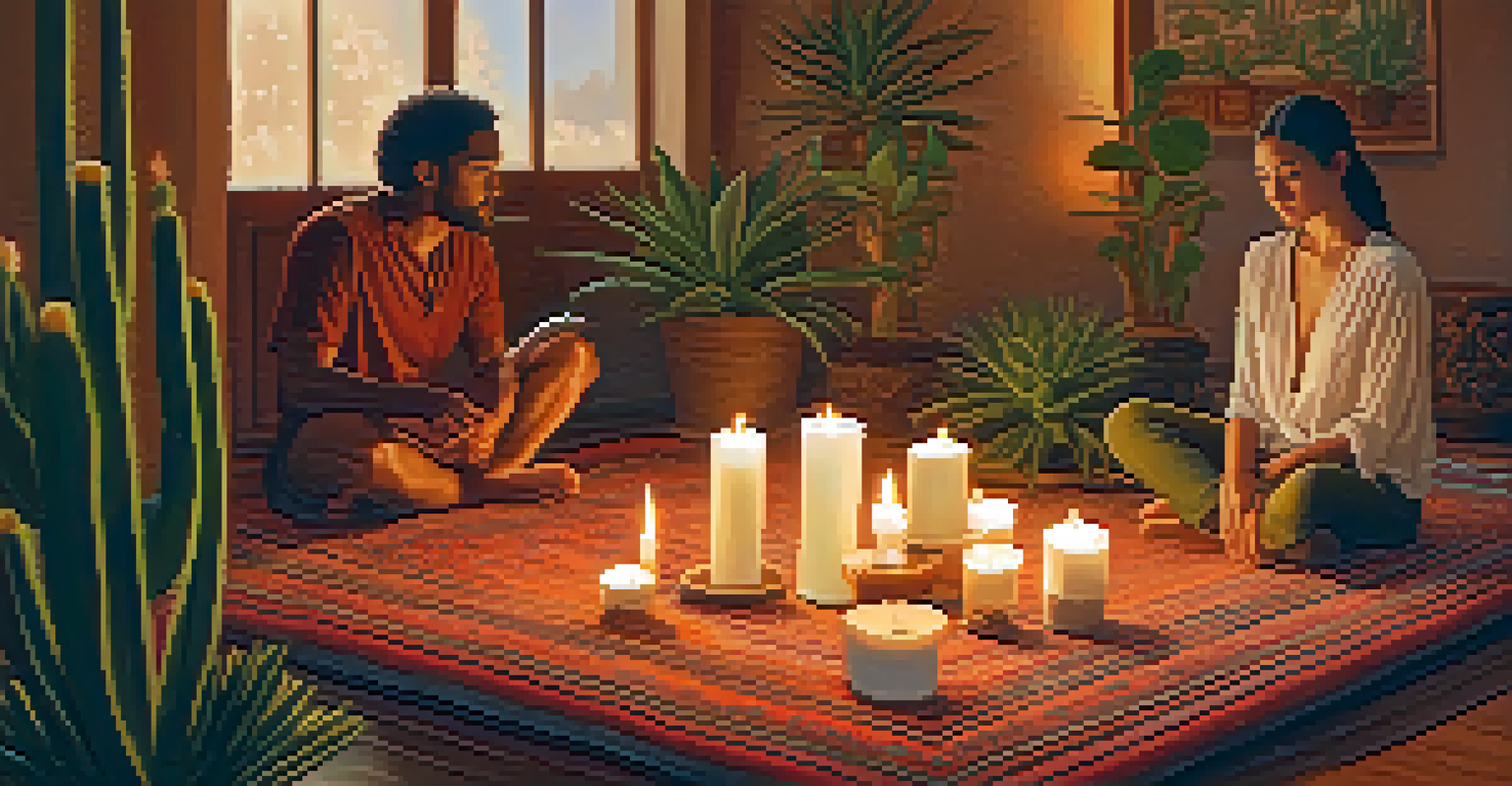 Two people sitting together in a warm, candle-lit room, discussing deeply with a peyote cactus nearby.