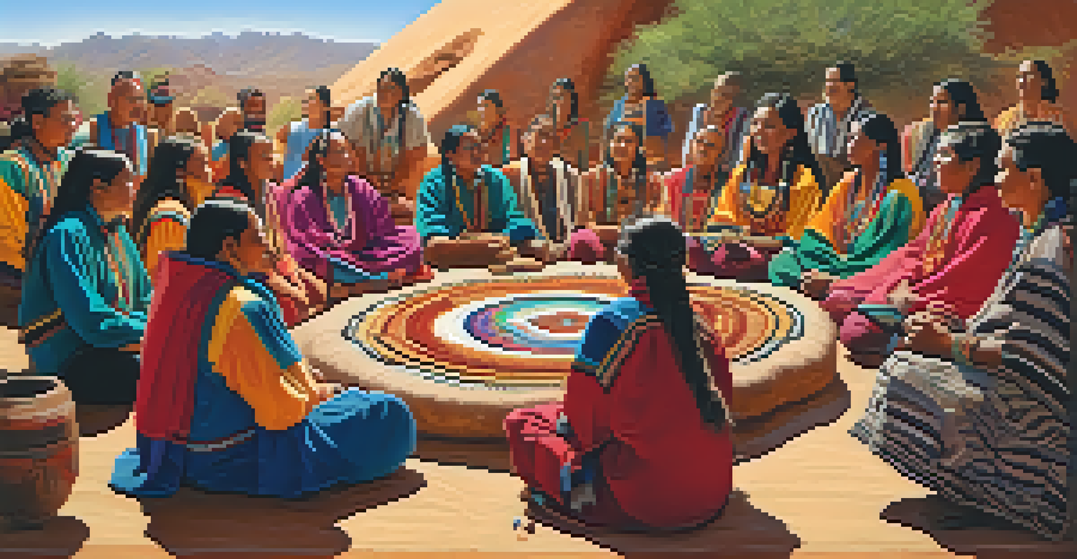 A lively peyote ceremony with a diverse group of people singing and drumming, surrounded by ceremonial items and natural elements, conveying a sense of community.