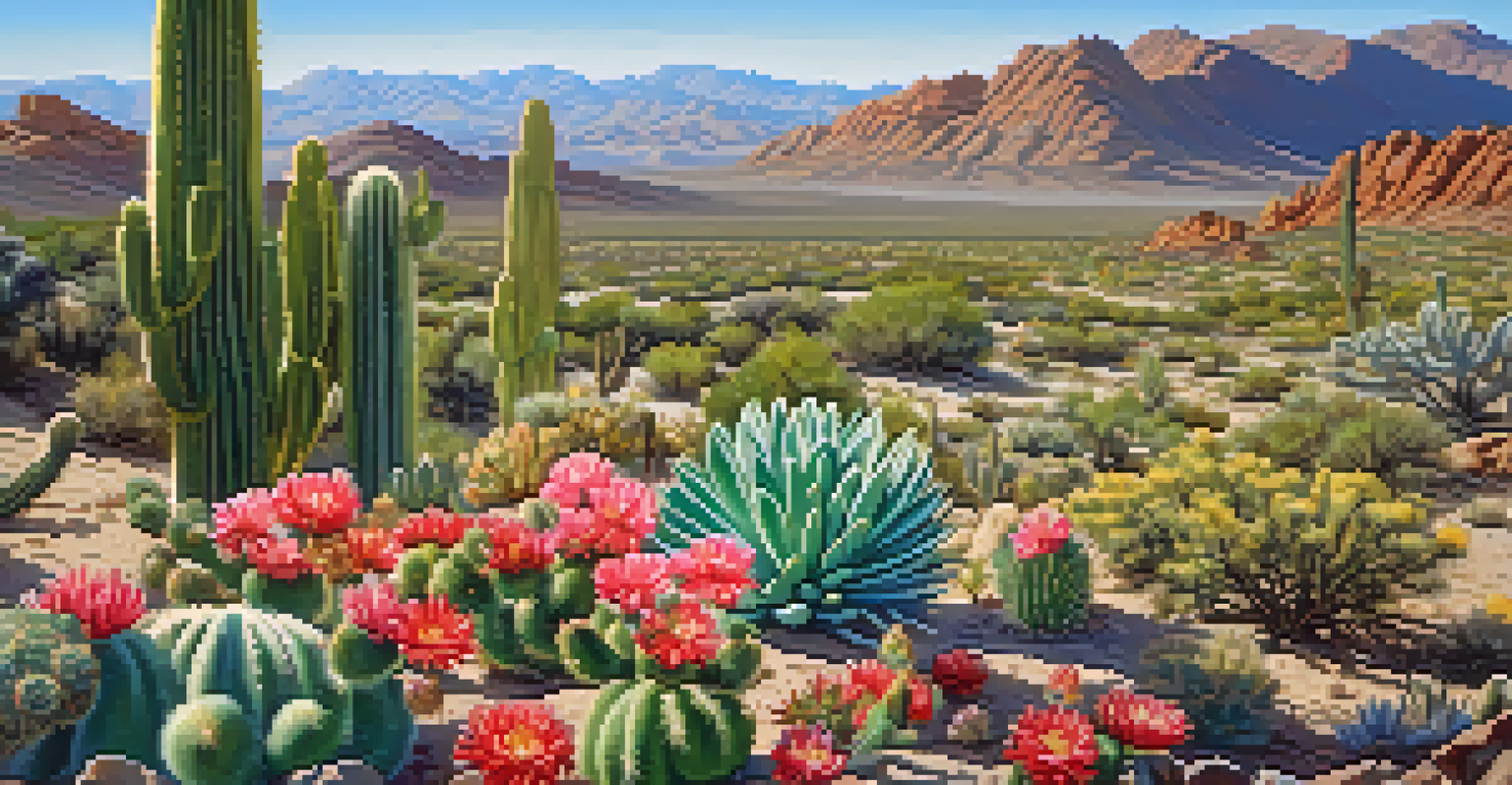A colorful desert landscape featuring peyote cacti in the foreground, blooming wildflowers, and a clear blue sky.