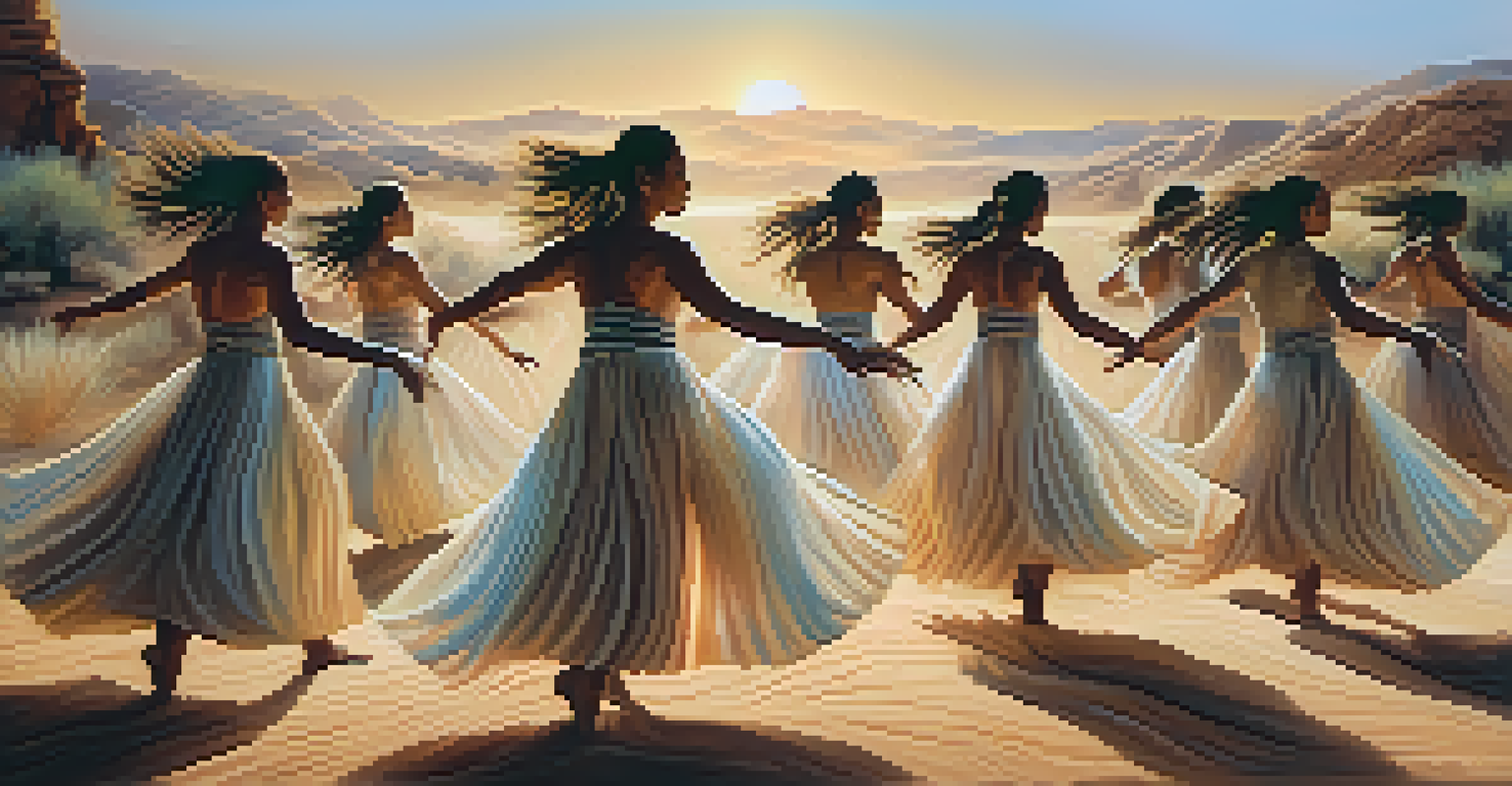 Artistic depiction of dancers in motion during a peyote dance ceremony, with light trails symbolizing their spiritual connection.