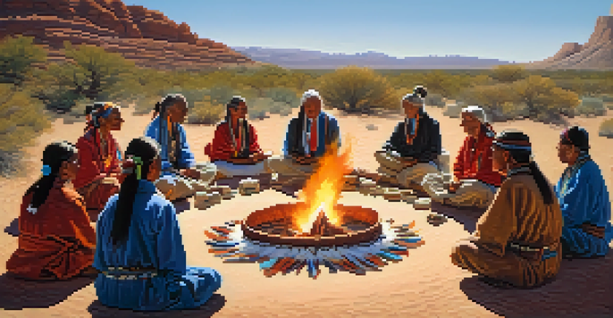 A group of participants in a Peyote ceremony sitting in a circle around a fire, led by elders in traditional clothing, with a vibrant desert landscape in the background.
