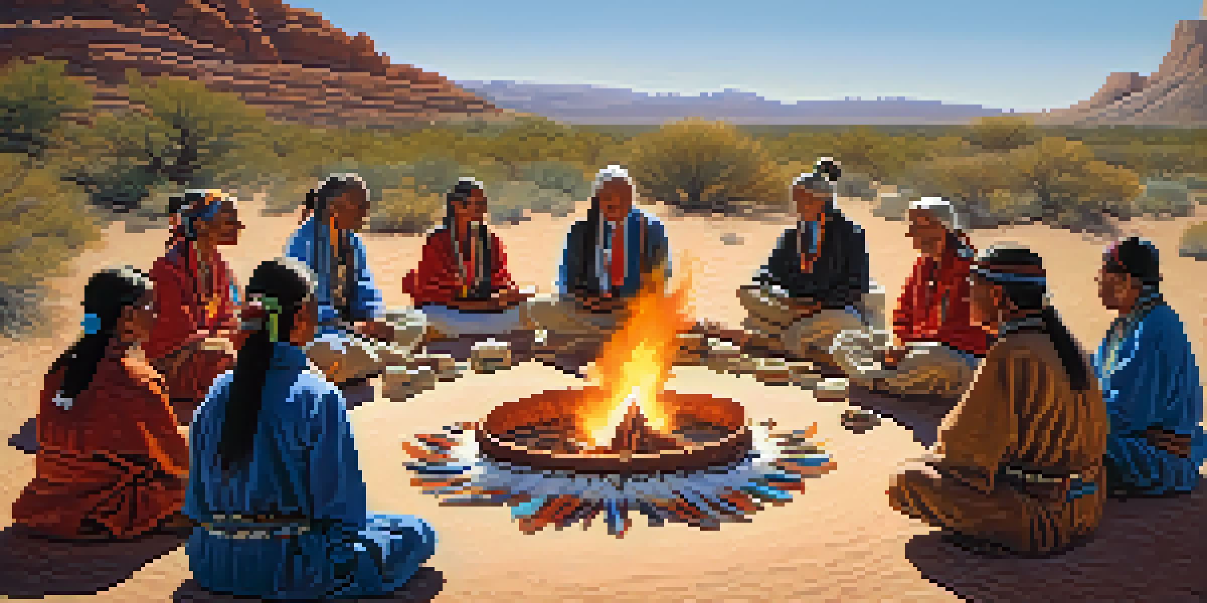 A group of participants in a Peyote ceremony sitting in a circle around a fire, led by elders in traditional clothing, with a vibrant desert landscape in the background.