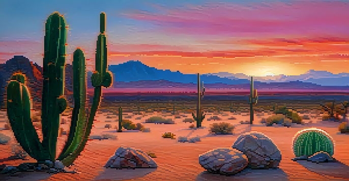 A peaceful desert scene with a small peyote cactus at sunset, featuring colorful skies and distant mountains.