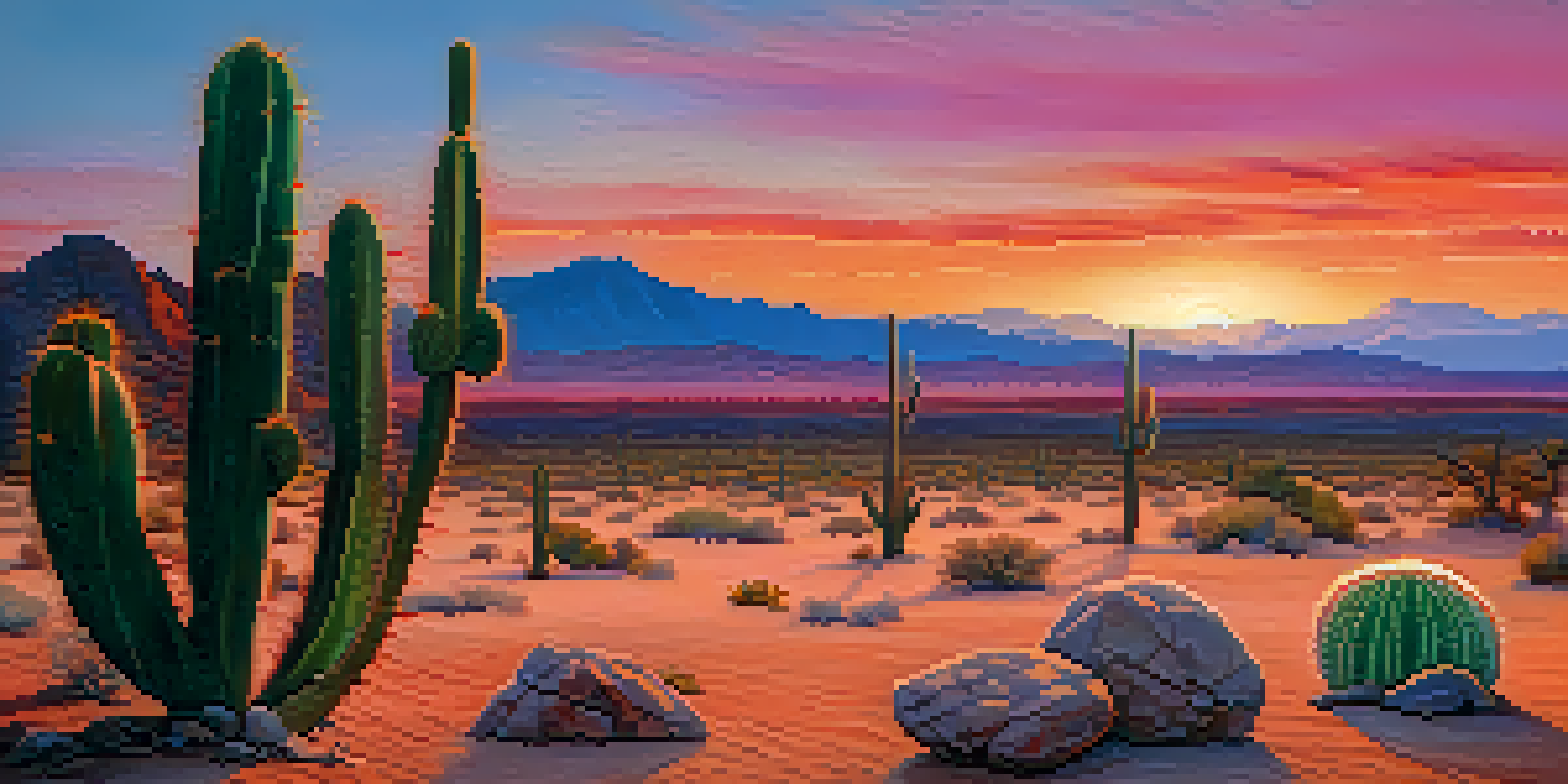 A peaceful desert scene with a small peyote cactus at sunset, featuring colorful skies and distant mountains.