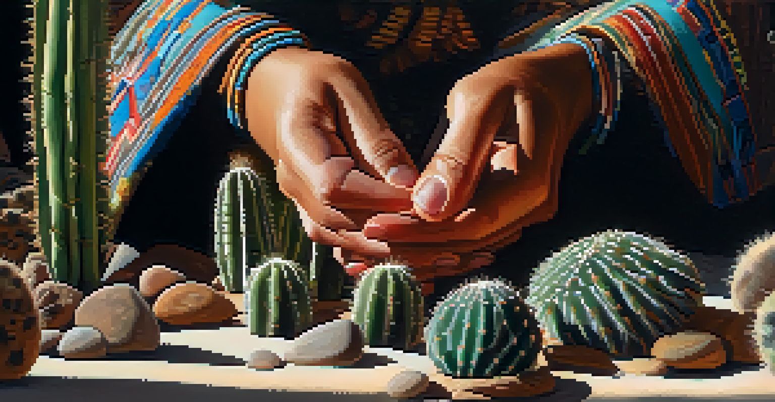 A close-up of a participant holding a peyote cactus, with a blurred background of a sacred space decorated with natural elements, highlighting the cactus's texture.