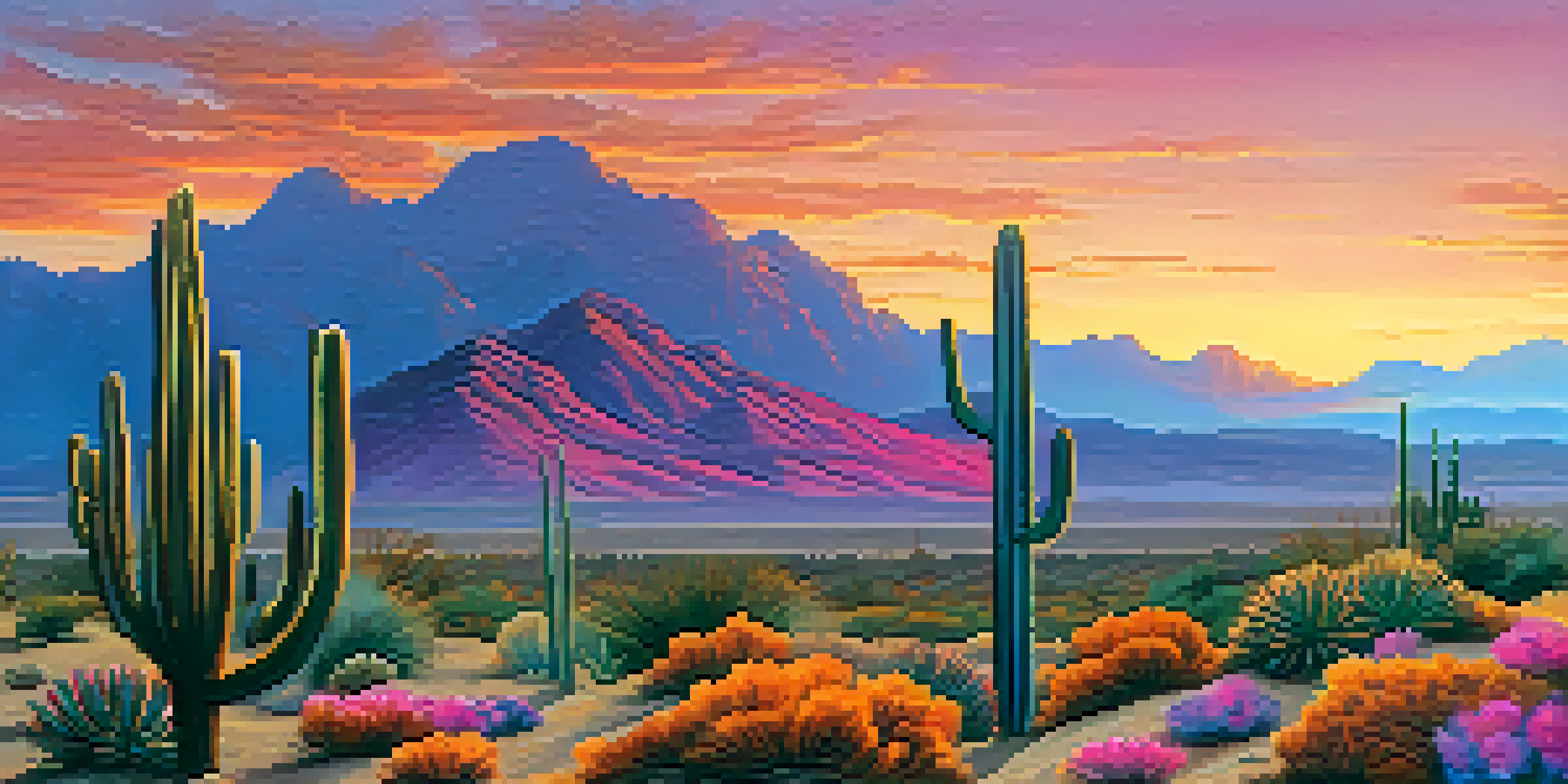 A sunset desert landscape with peyote cacti in the foreground, vibrant sky colors, and distant mountains.