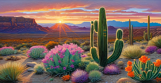 A peyote cactus in a colorful desert landscape at sunset, surrounded by wildflowers.