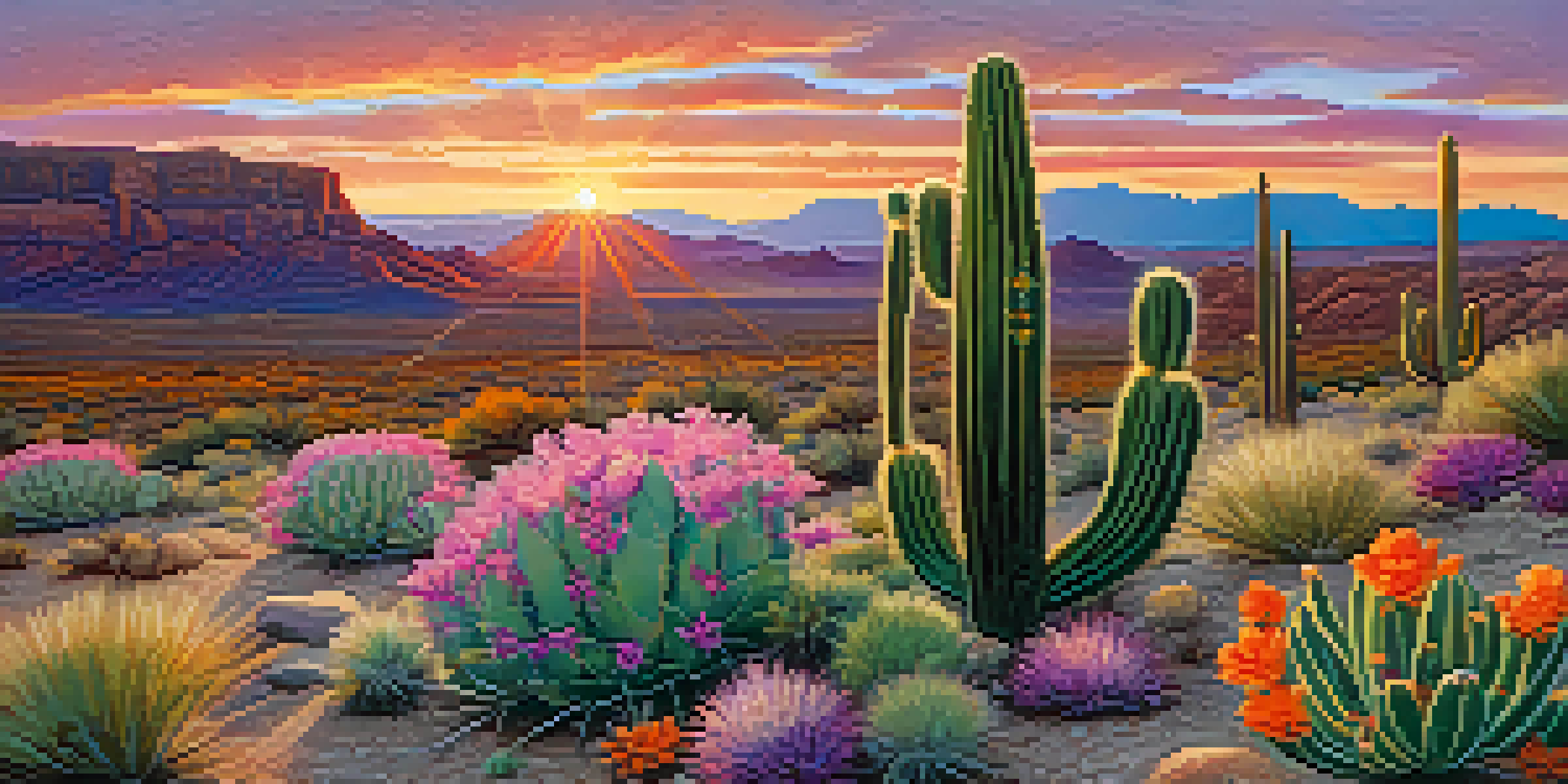 A peyote cactus in a colorful desert landscape at sunset, surrounded by wildflowers.