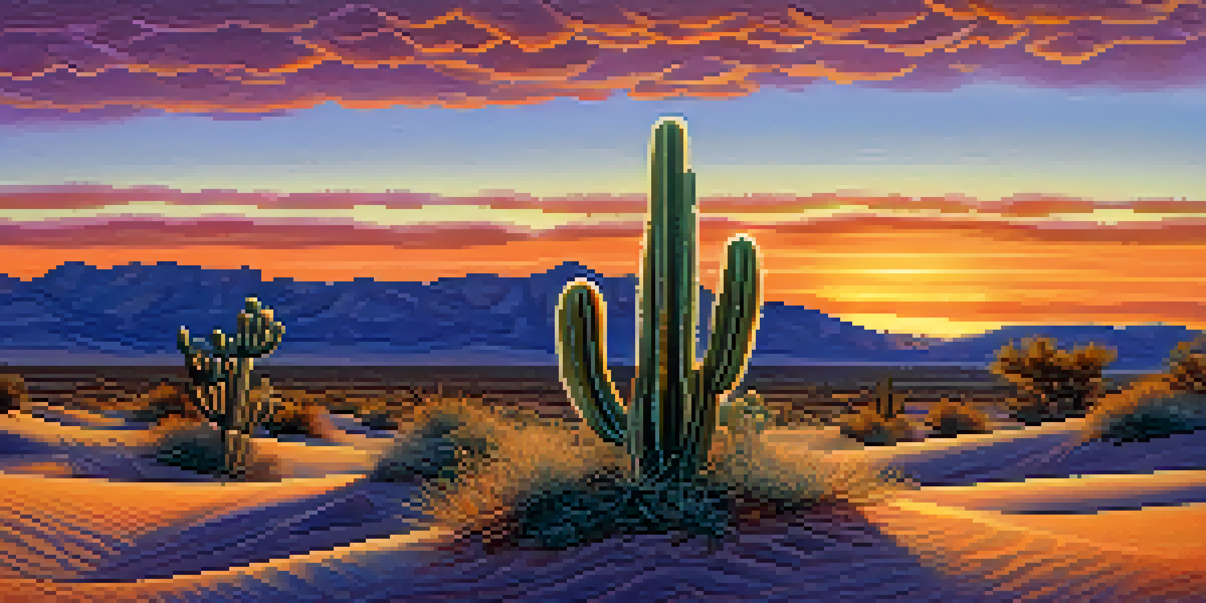A tranquil desert landscape with a small peyote cactus in the foreground during dusk, featuring vibrant sky colors and gentle sand dunes in the background.