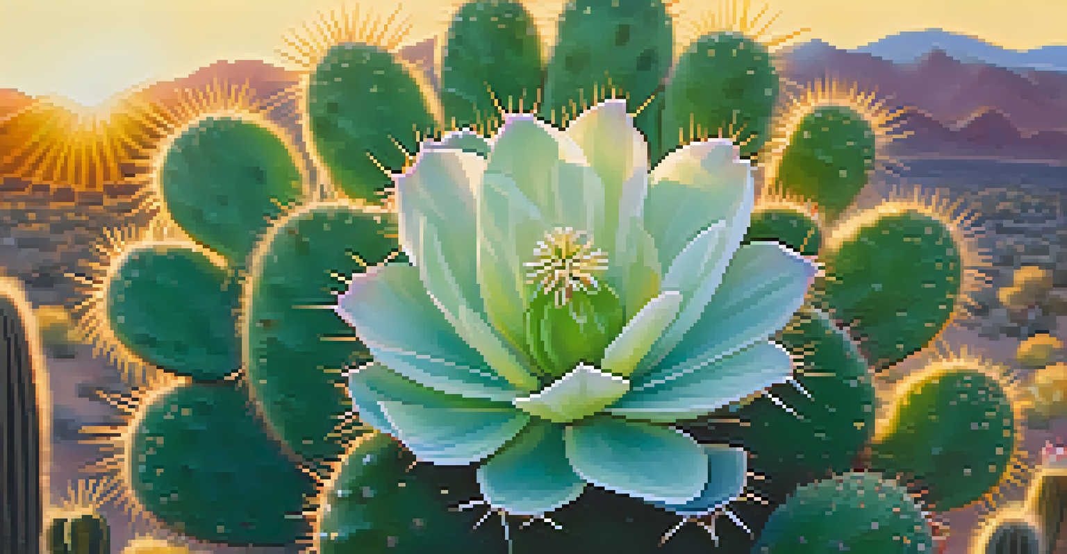 A close-up of a Peyote cactus with vibrant green skin and delicate flowers against a softly blurred desert landscape in golden sunlight.
