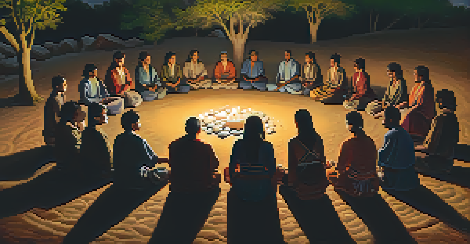 A group of people in a circle participating in a peyote ceremony, surrounded by nature and illuminated by candlelight.