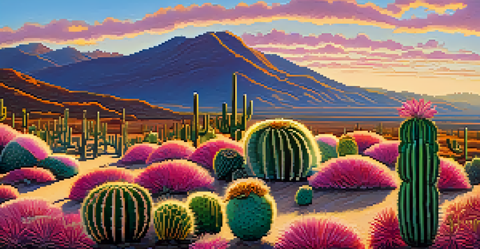A colorful landscape featuring a field of peyote cacti with a bright blue sky and golden sunlight illuminating the scene.