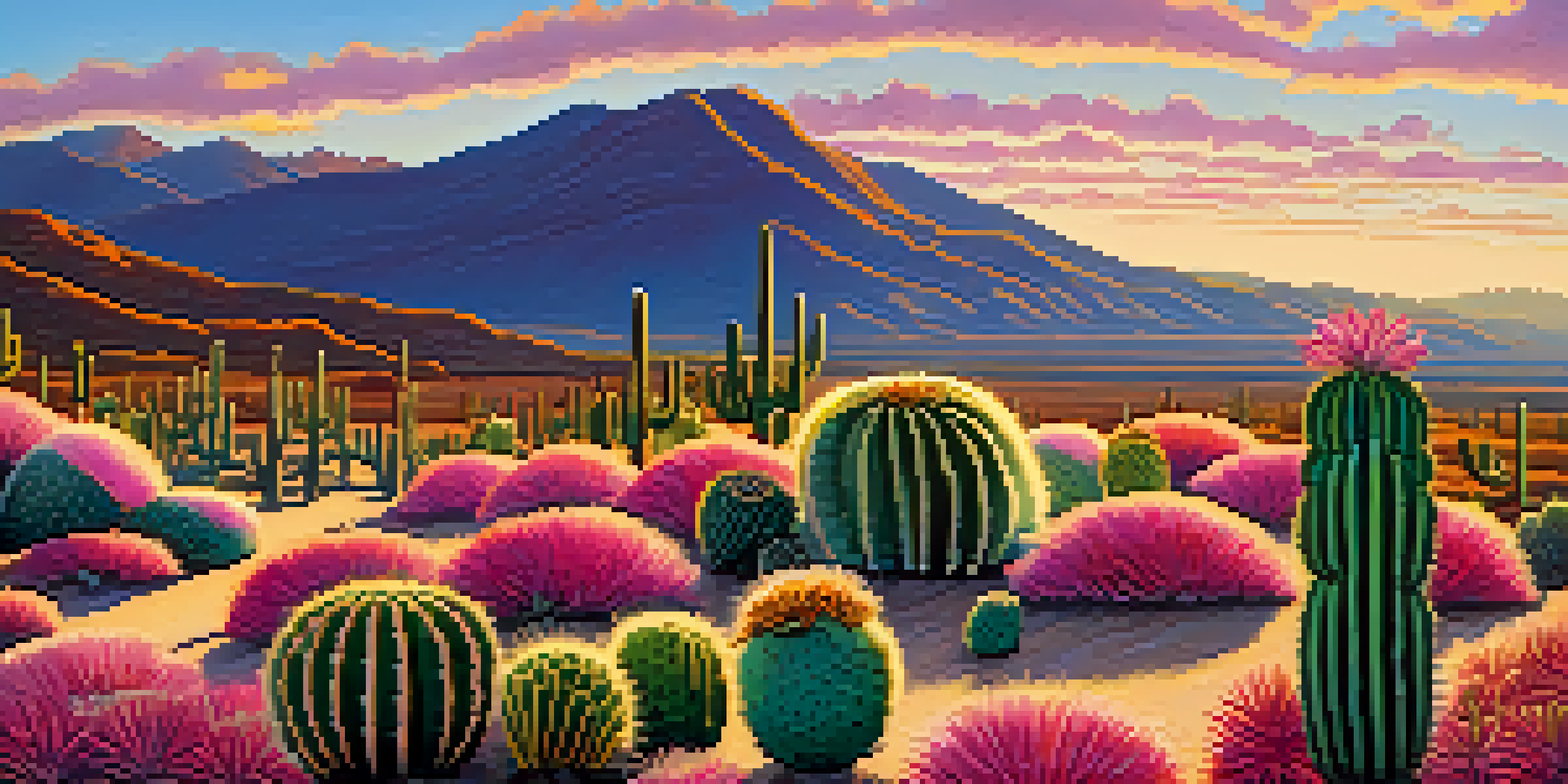 A colorful landscape featuring a field of peyote cacti with a bright blue sky and golden sunlight illuminating the scene.