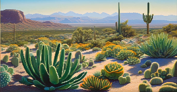 A vibrant green field with wildflowers and a small cactus under a clear blue sky, illuminated by soft sunlight.