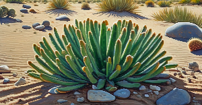 A detailed close-up of a green peyote cactus in a desert setting, with warm sunlight illuminating its features.