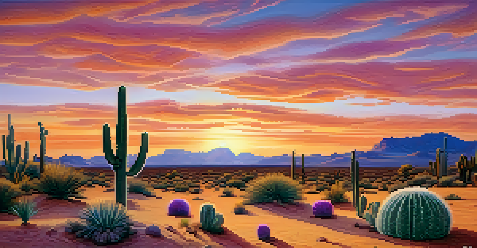 A desert landscape at sunset with peyote cacti and vibrant sky colors.