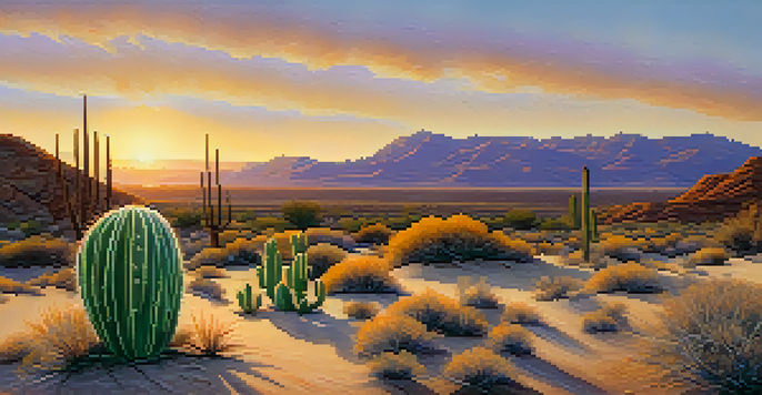 A small peyote cactus under a colorful sunset in a desert landscape.