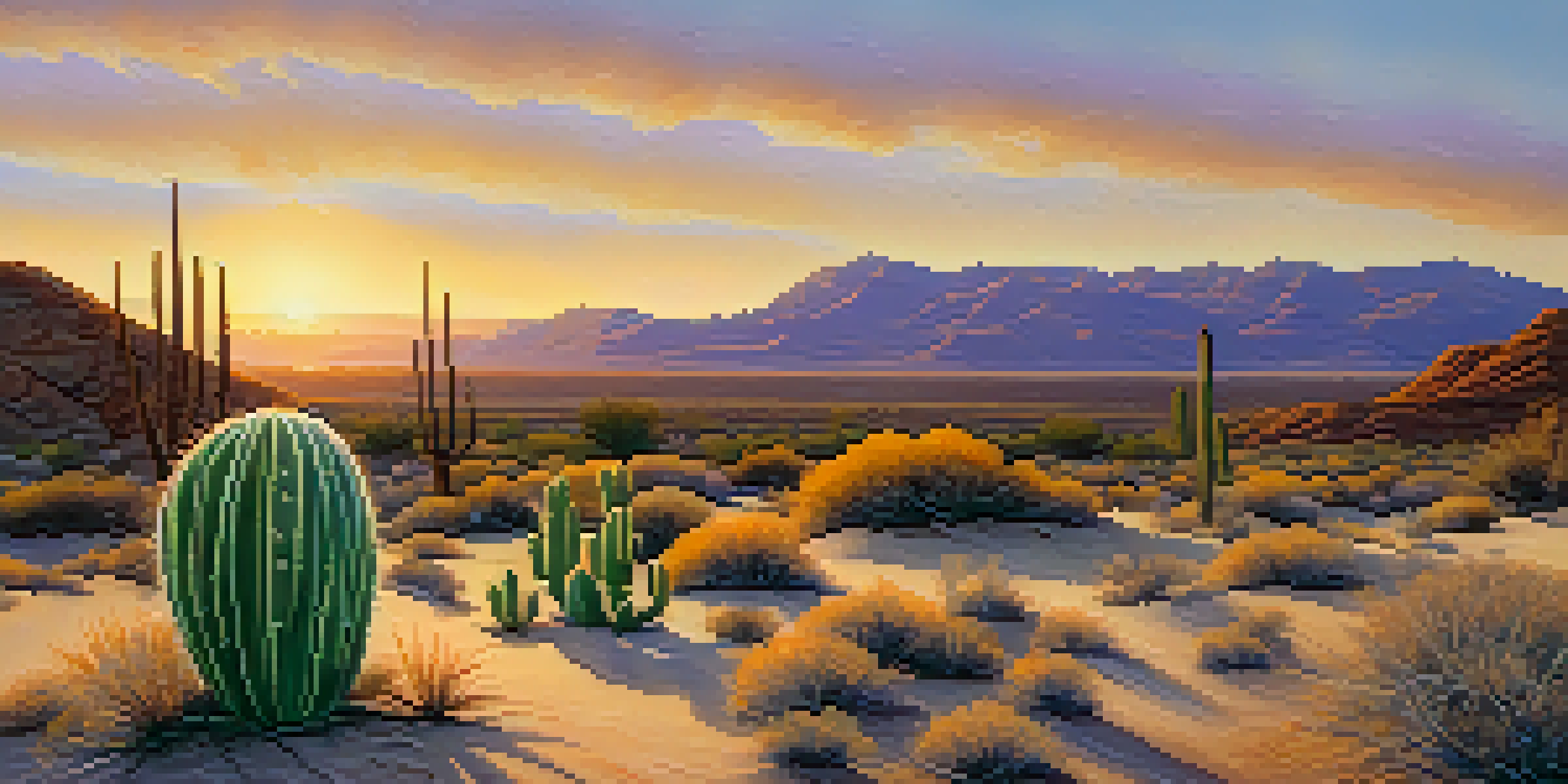 A small peyote cactus under a colorful sunset in a desert landscape.