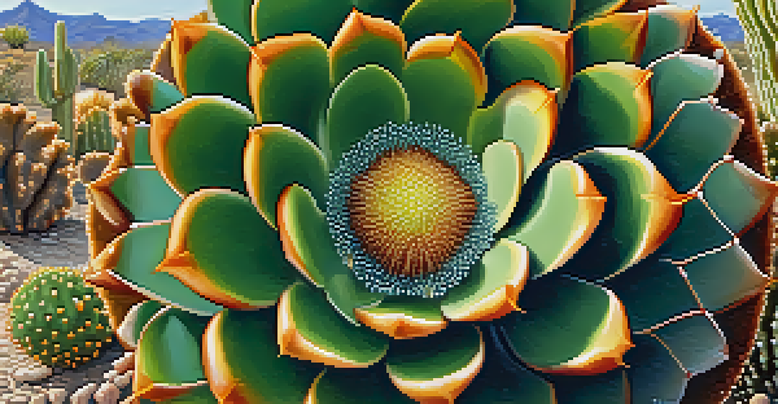 A close-up view of a peyote cactus with intricate textures, dew drops, and surrounding desert plants.