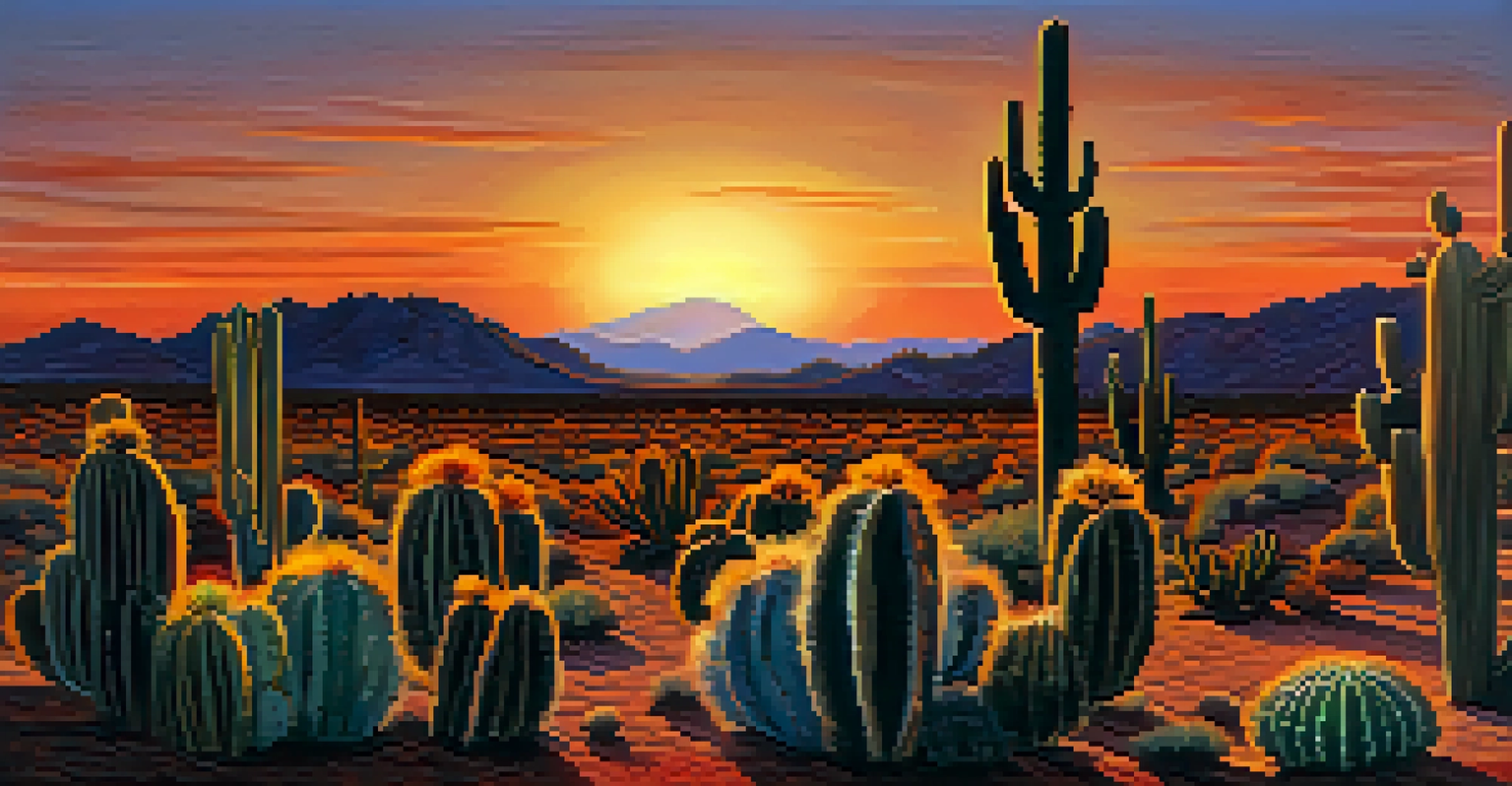 A landscape of a Peyote cactus field at sunset, showcasing silhouettes against a colorful sky.