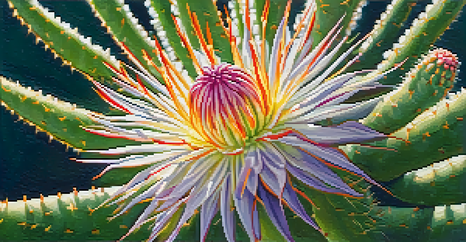 Close-up of a blooming Peyote cactus with delicate flowers and green spines, illuminated by sunlight.