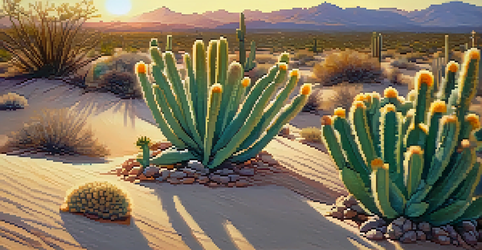 A close-up of a blooming peyote cactus in a desert landscape at sunset with various desert plants around it.