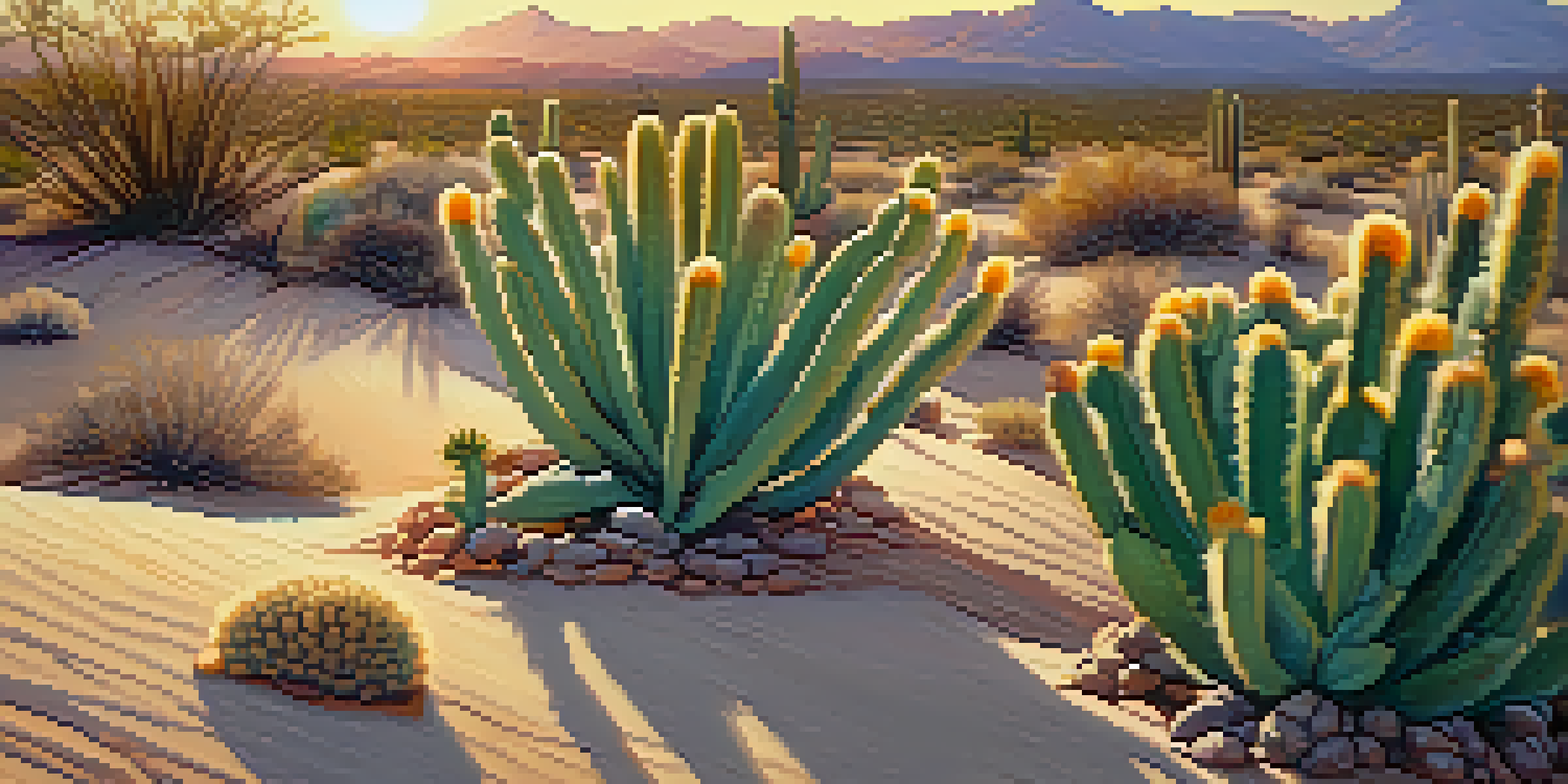 A close-up of a blooming peyote cactus in a desert landscape at sunset with various desert plants around it.