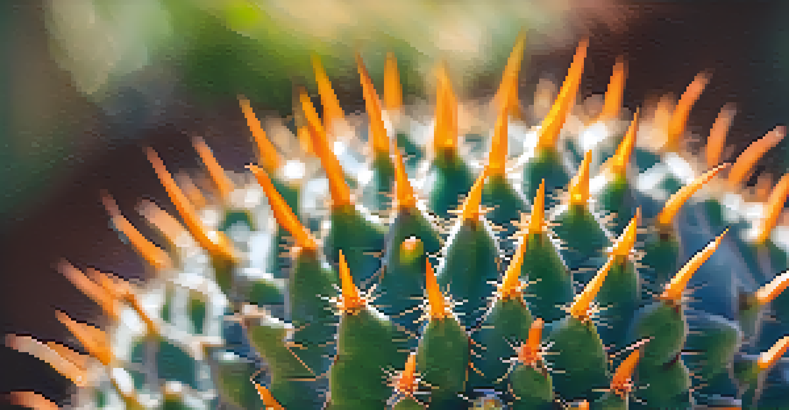 Close-up of a peyote cactus, showcasing its intricate textures and colors illuminated by warm sunlight.