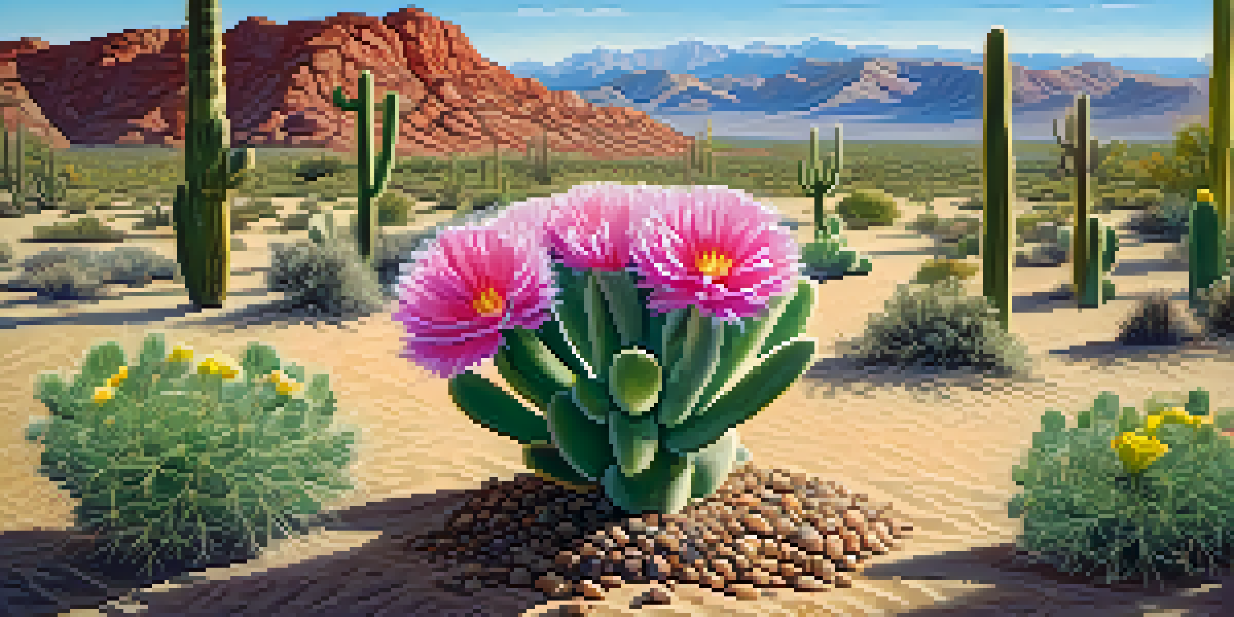 A vibrant peyote cactus in a desert landscape, with clear skies and distant mountains.