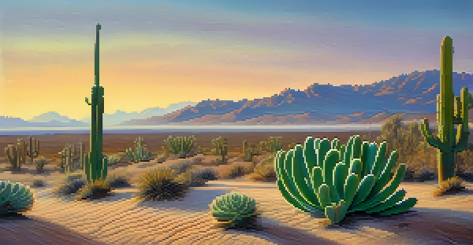 A peaceful desert scene at sunrise with a peyote cactus in the foreground, soft pastel sky, and distant misty mountains.