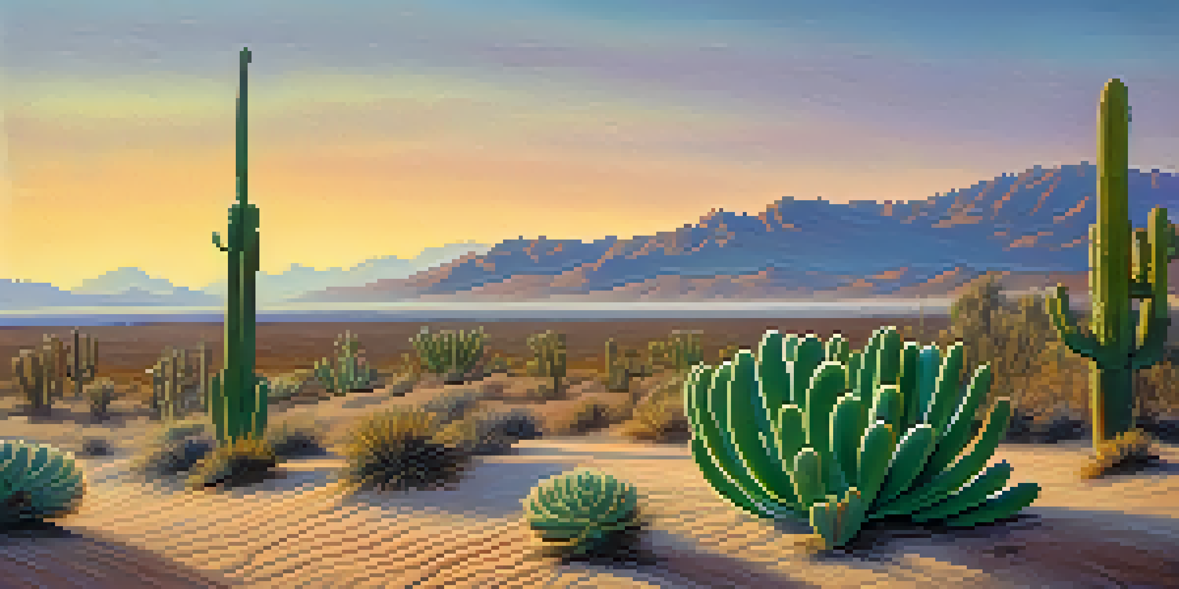 A peaceful desert scene at sunrise with a peyote cactus in the foreground, soft pastel sky, and distant misty mountains.