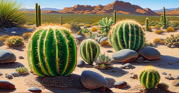 A close-up of a Peyote cactus with vibrant green color and round buttons, surrounded by desert plants and rocks under warm sunlight.